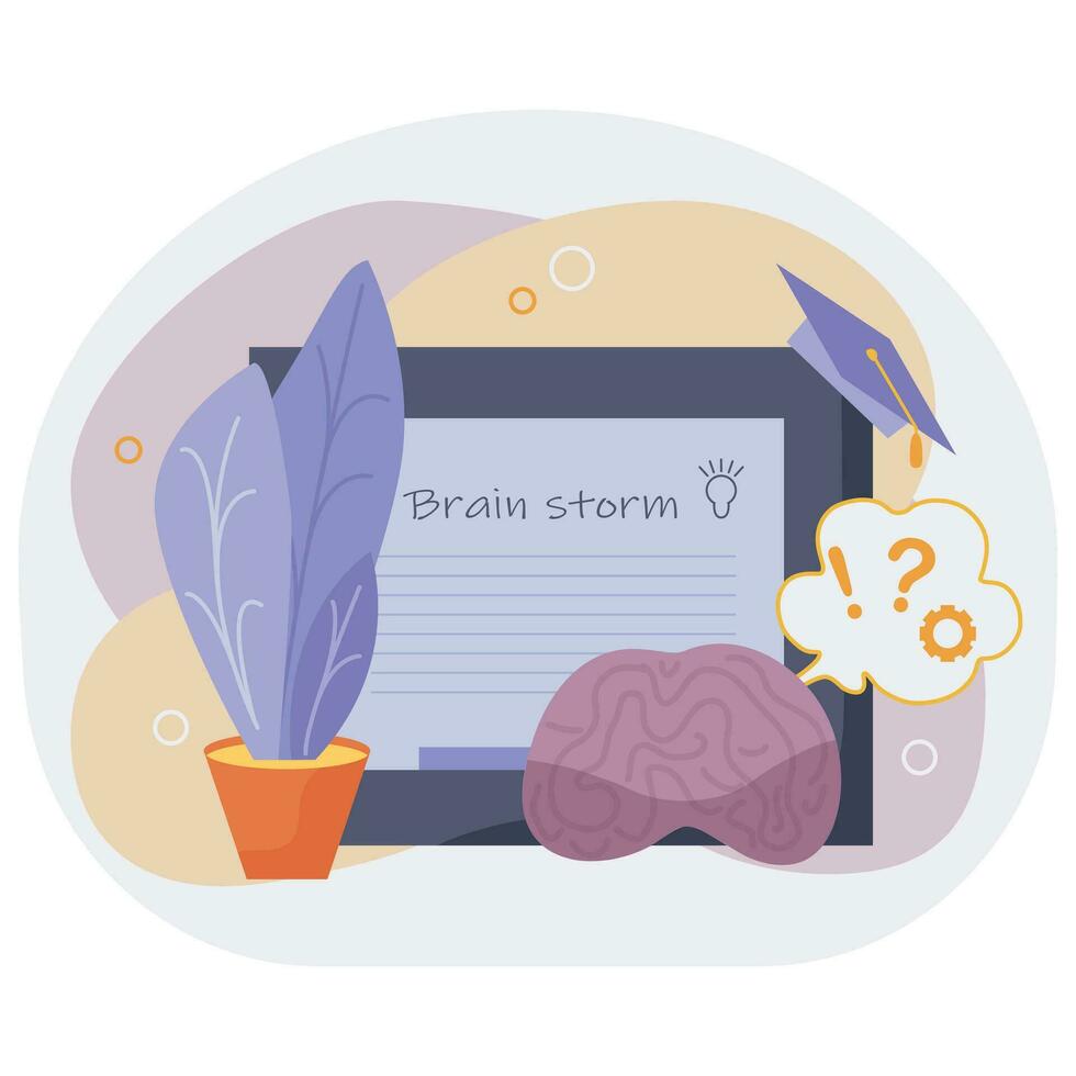 Brainstorming board and a thinking brain in the foreground. Universal illustration on the topic of education for a mobile application or website vector