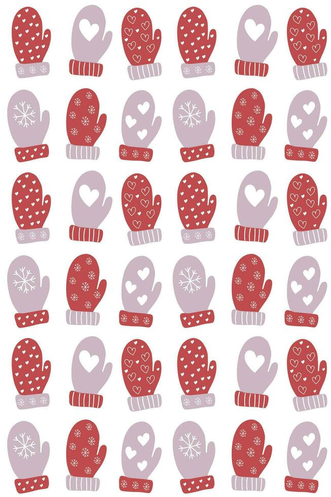 Red and purple mittens of the same size with a winter ornament on a white background in a horizontal order as a pattern for a banner, textiles, wrapping paper, decor vector