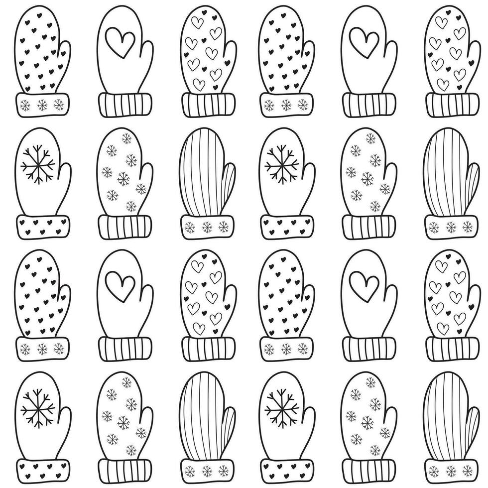 Seamless pattern with mittens with different ornaments arranged in vertical order. Seasonal background, banner, postcard, coloring. vector
