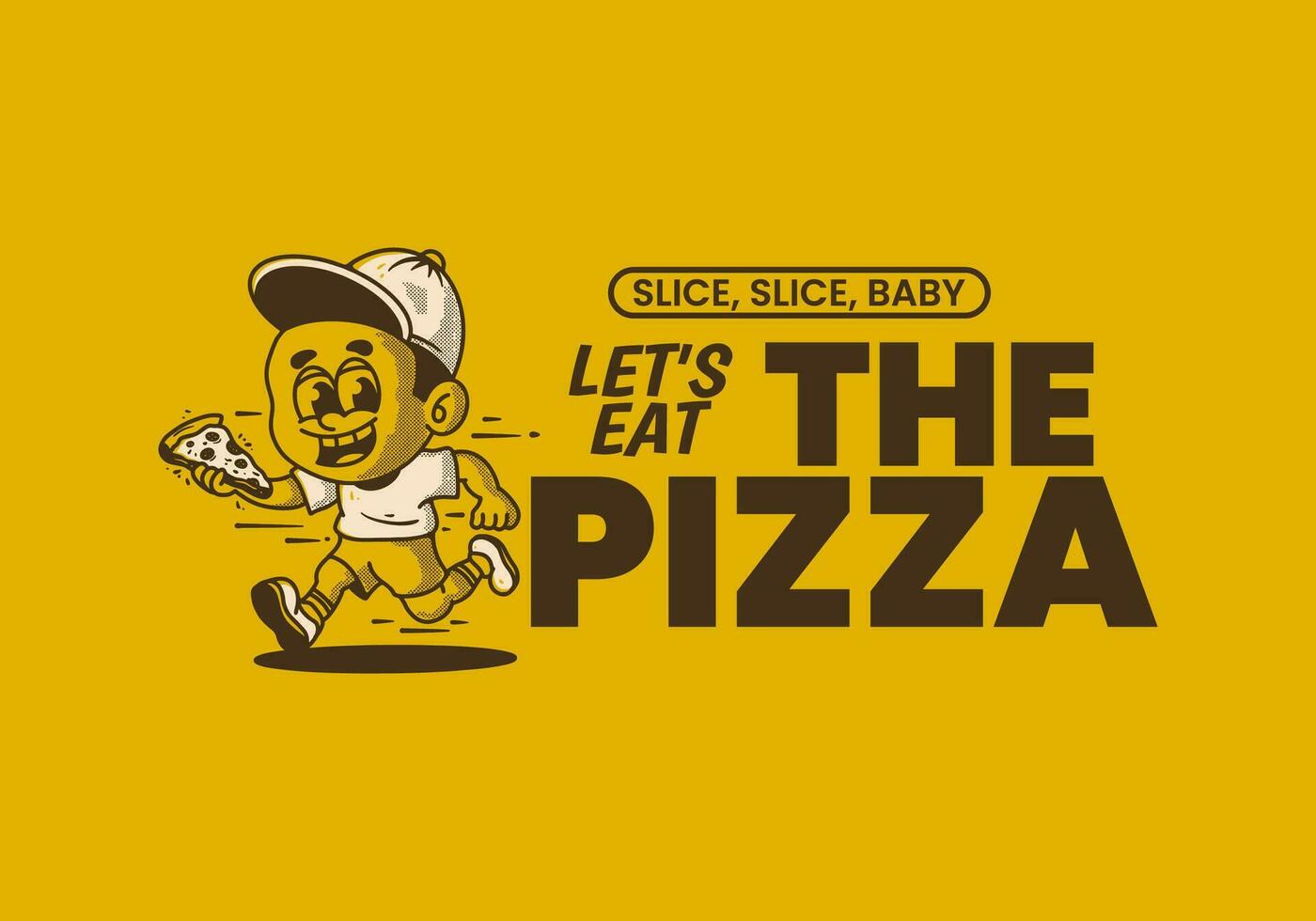 vamos comer el Pizza. chico personaje corriendo y participación un rebanada Pizza vector