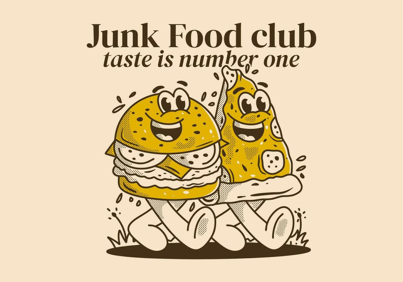 Junk Food club, taste is number one. Character illustration of walking burger and pizza vector