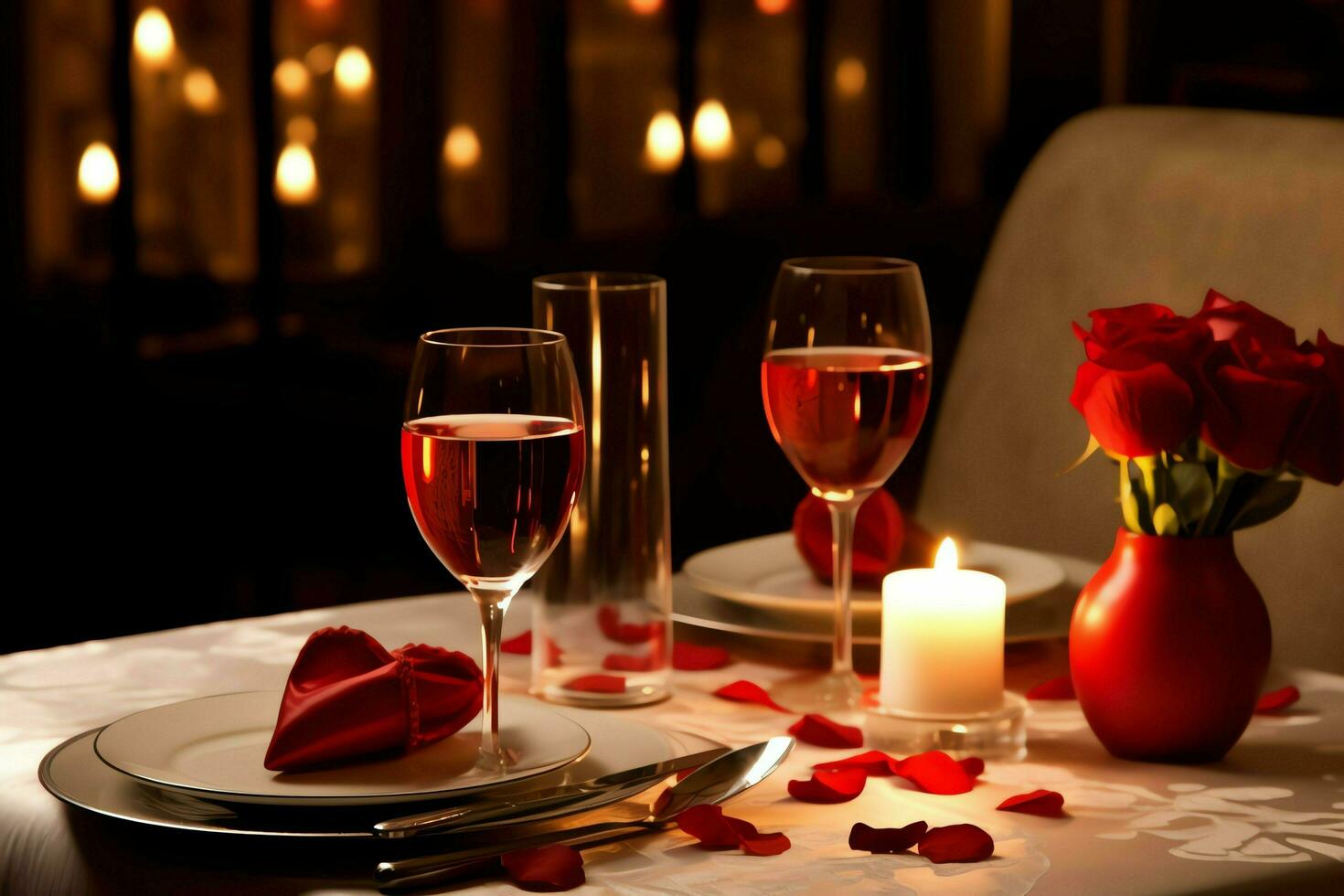 AI generated Table decorated for a romantic dinner with two champagne glasses, bouquet of red roses or candle concept by AI Generated photo