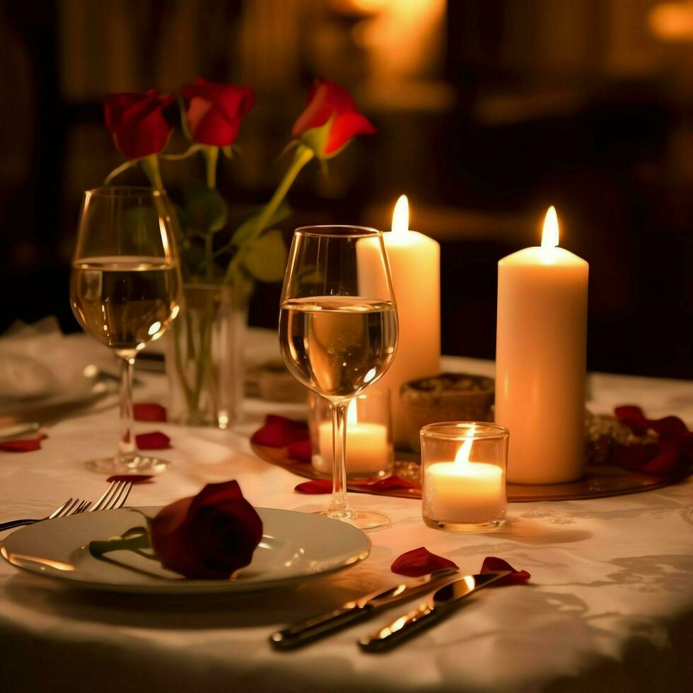 AI generated Table decorated for a romantic dinner with two champagne glasses, bouquet of red roses or candle concept by AI Generated photo