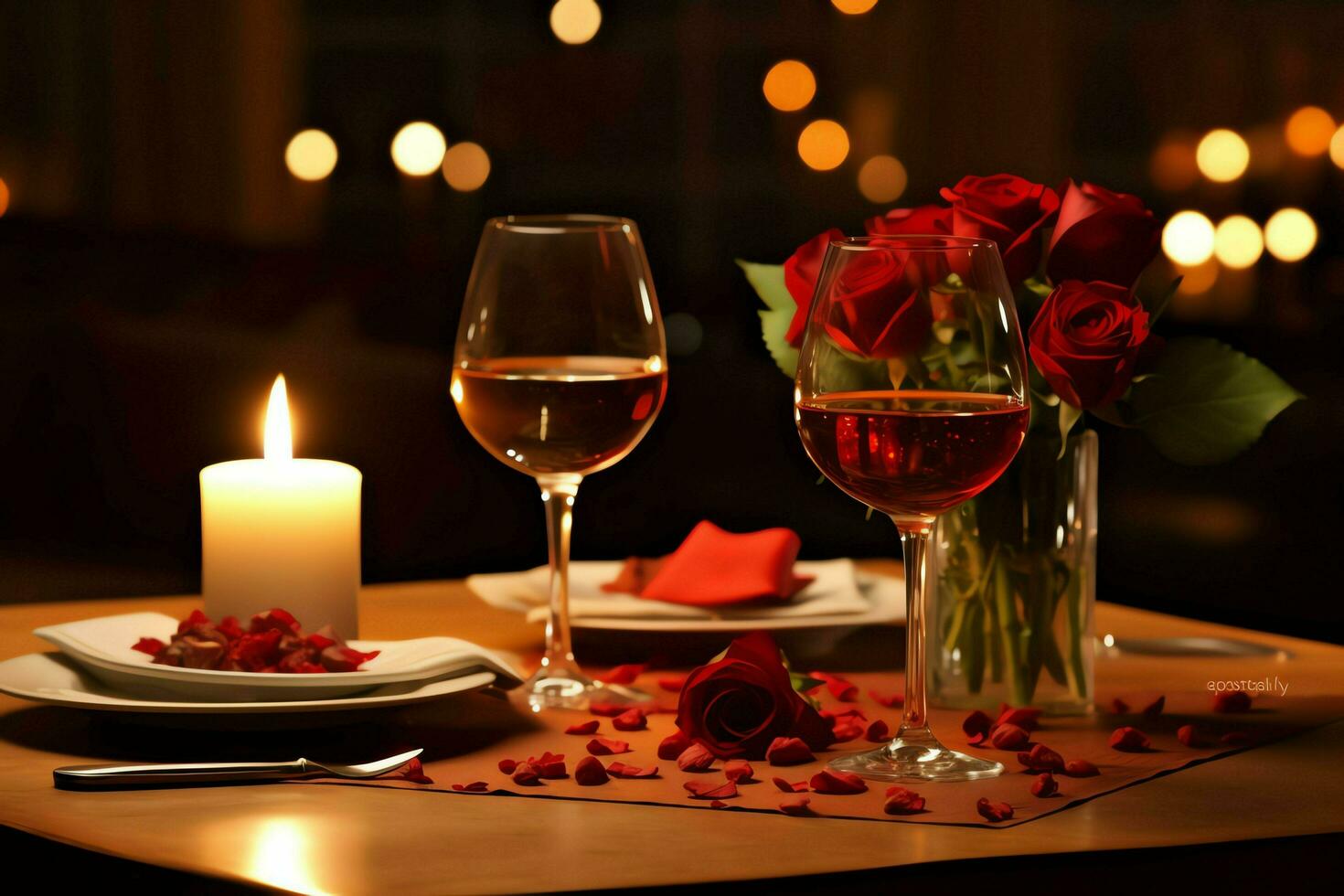 ai generado mesa decorado para un romántico cena con dos champán anteojos, ramo de flores de rojo rosas o vela concepto por ai generado foto