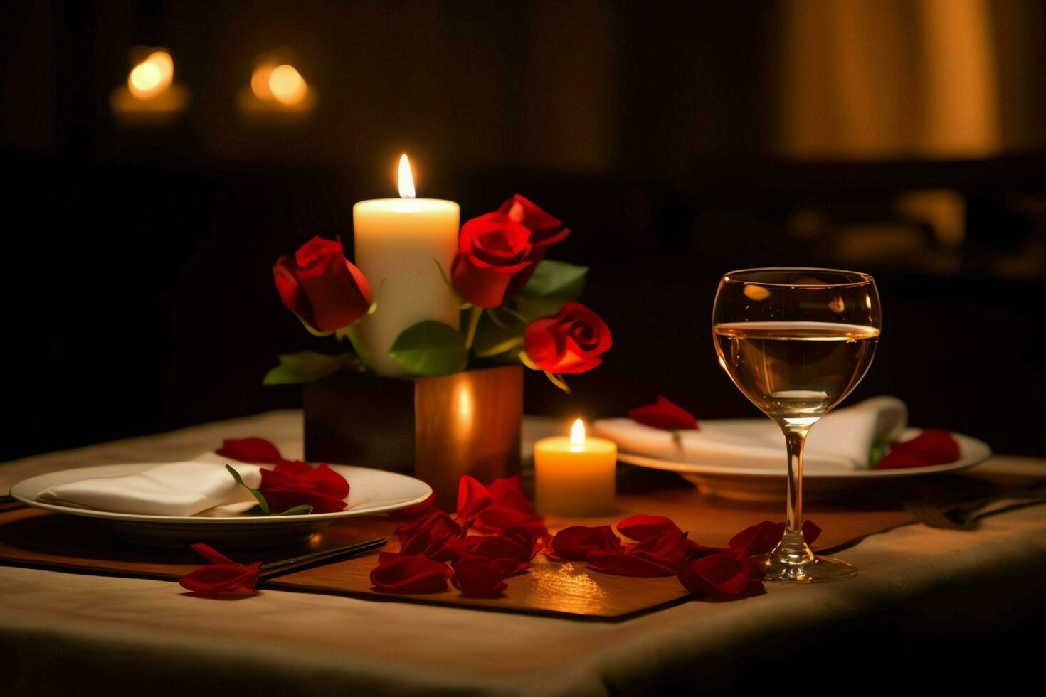 AI generated Table decorated for a romantic dinner with two champagne glasses, bouquet of red roses or candle concept by AI Generated photo