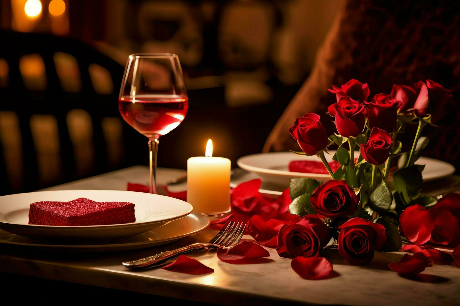 AI generated Table decorated for a romantic dinner with two champagne glasses, bouquet of red roses or candle concept by AI Generated photo