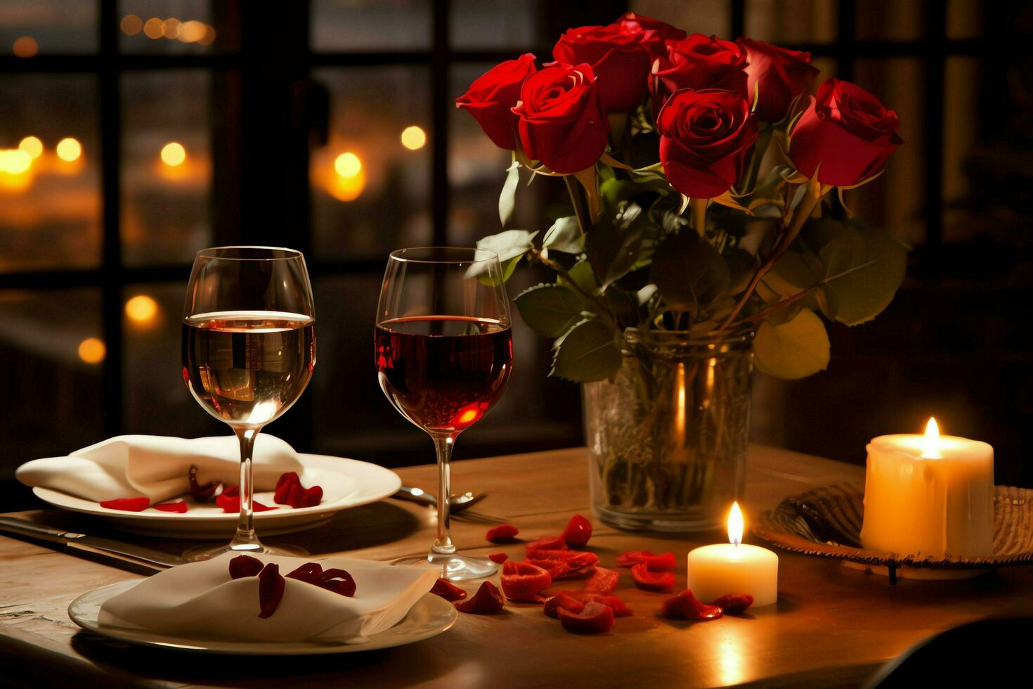 AI generated Table decorated for a romantic dinner with two champagne glasses, bouquet of red roses or candle concept by AI Generated photo