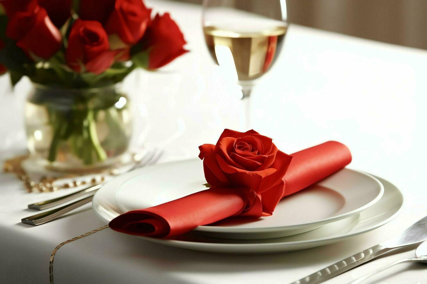 AI generated Table decorated for a romantic dinner with two champagne glasses, bouquet of red roses or candle concept by AI Generated photo