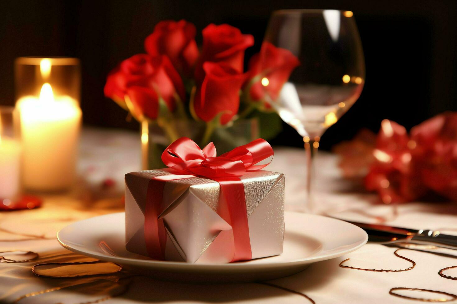 AI generated Table decorated for a romantic dinner with two champagne glasses, bouquet of red roses or candle concept by AI Generated photo