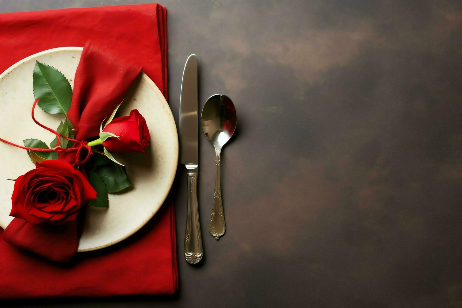 ai generado mesa decorado para un romántico cena con dos champán anteojos, ramo de flores de rojo rosas o vela concepto por ai generado foto