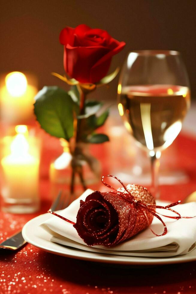 AI generated Table decorated for a romantic dinner with two champagne glasses, bouquet of red roses or candle concept by AI Generated photo