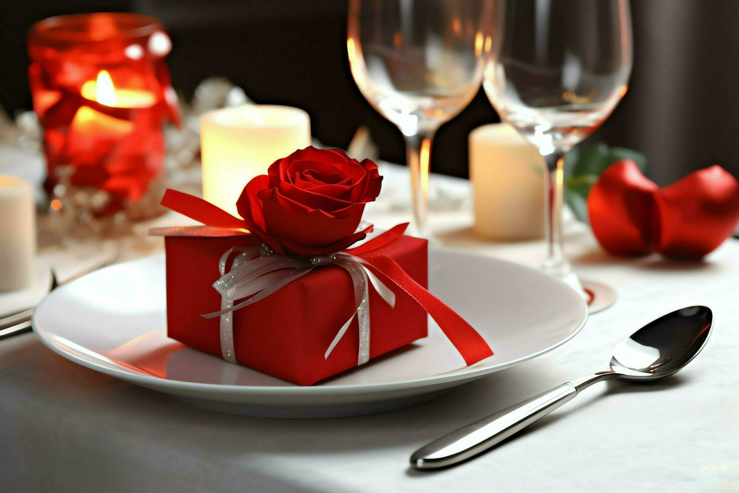 AI generated Table decorated for a romantic dinner with two champagne glasses, bouquet of red roses or candle concept by AI Generated photo