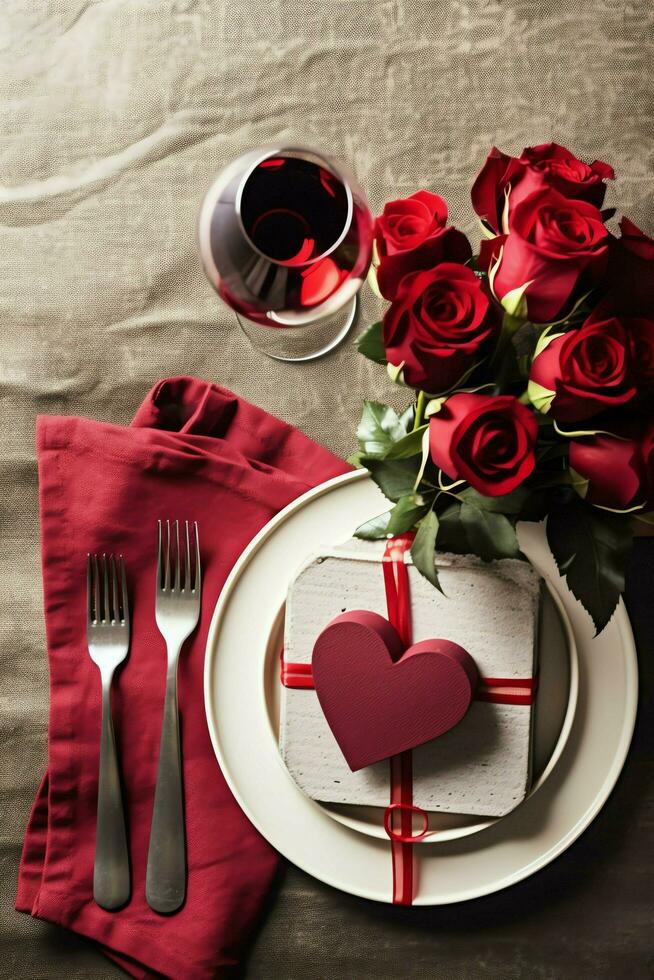 AI generated Table decorated for a romantic dinner with two champagne glasses, bouquet of red roses or candle concept by AI Generated photo