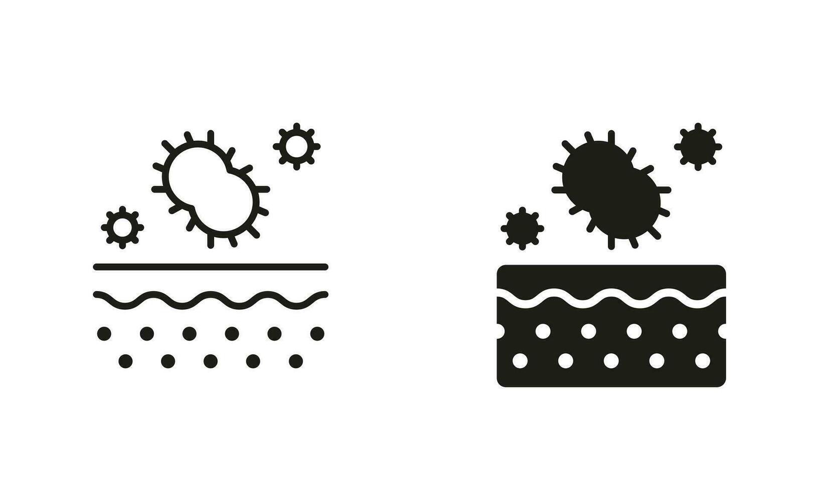 Skin Layer with Microbes Flora Symbol Collection. Bacteria on Skin Pictogram. Microorganisms on Dermis Structure Line and Silhouette Black Icon Set. Isolated Vector Illustration.