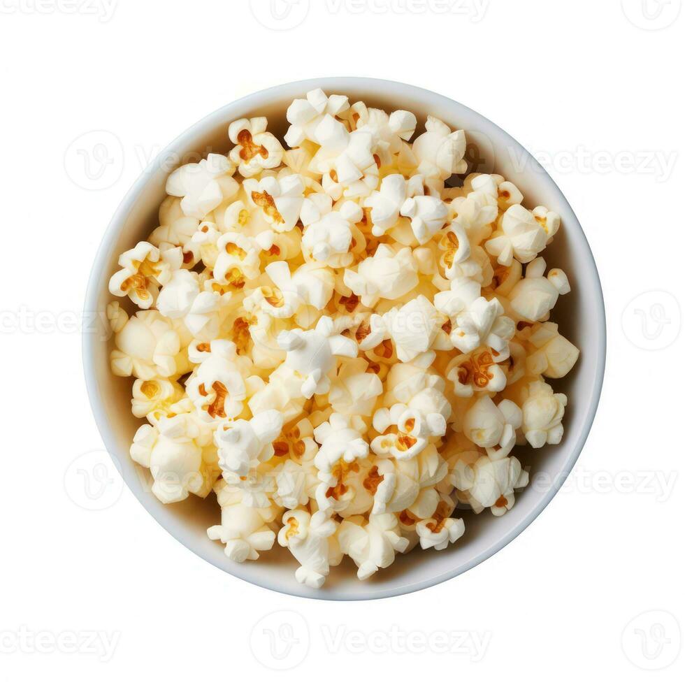 Popcorn in the wooden bowl, isolated on white background, top view. Generative ai photo
