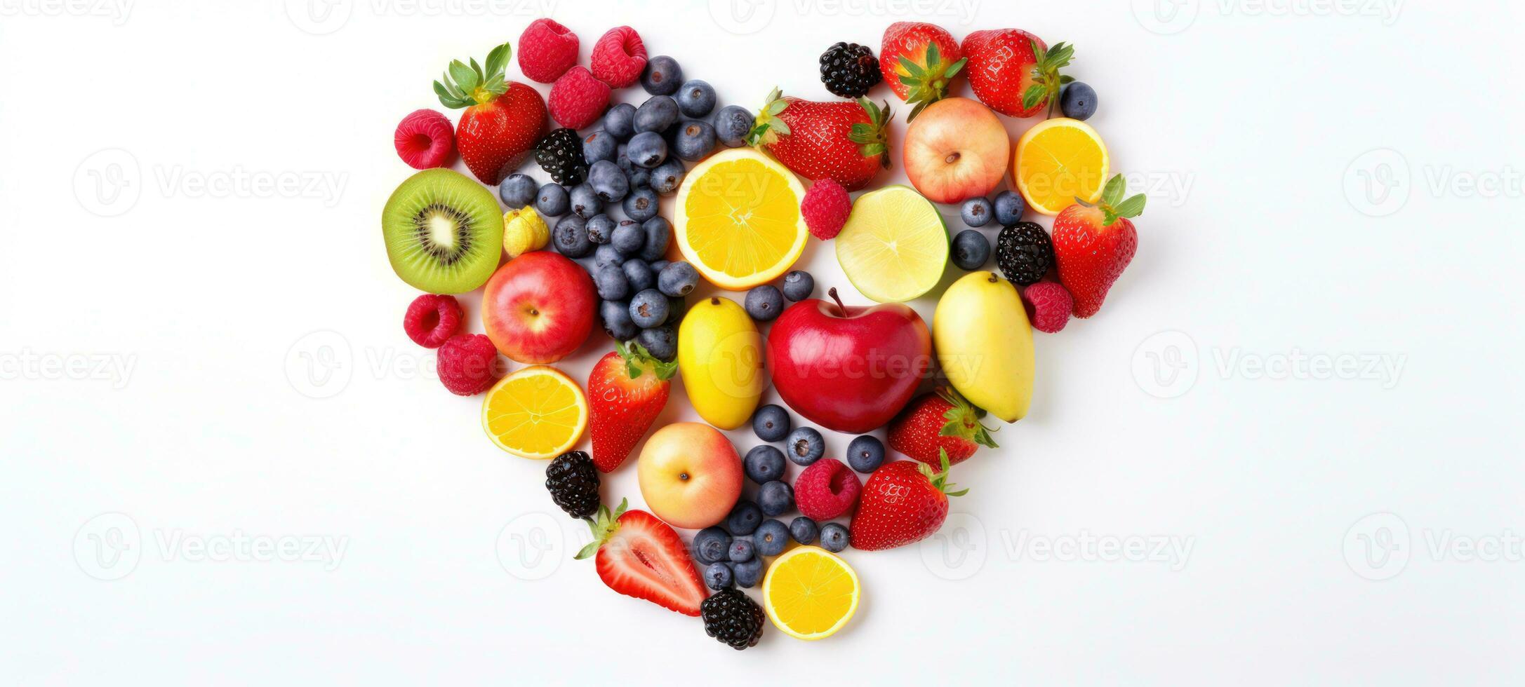 Creative diet food healthy eating concept photo of heart made of fresh fruits and summer berries full of vitamins as a symbol of romance love valentine holiday on white background. Generative Ai