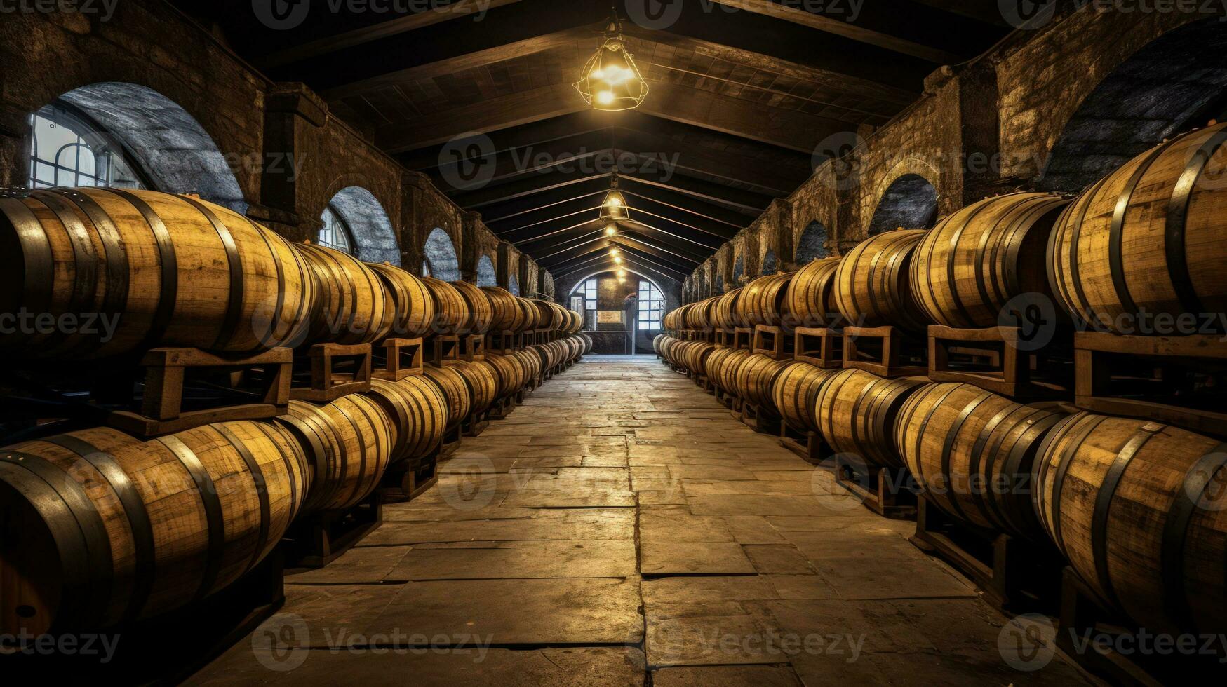 Wine barrels stacked in the old cellar of the winery. Generative ai photo