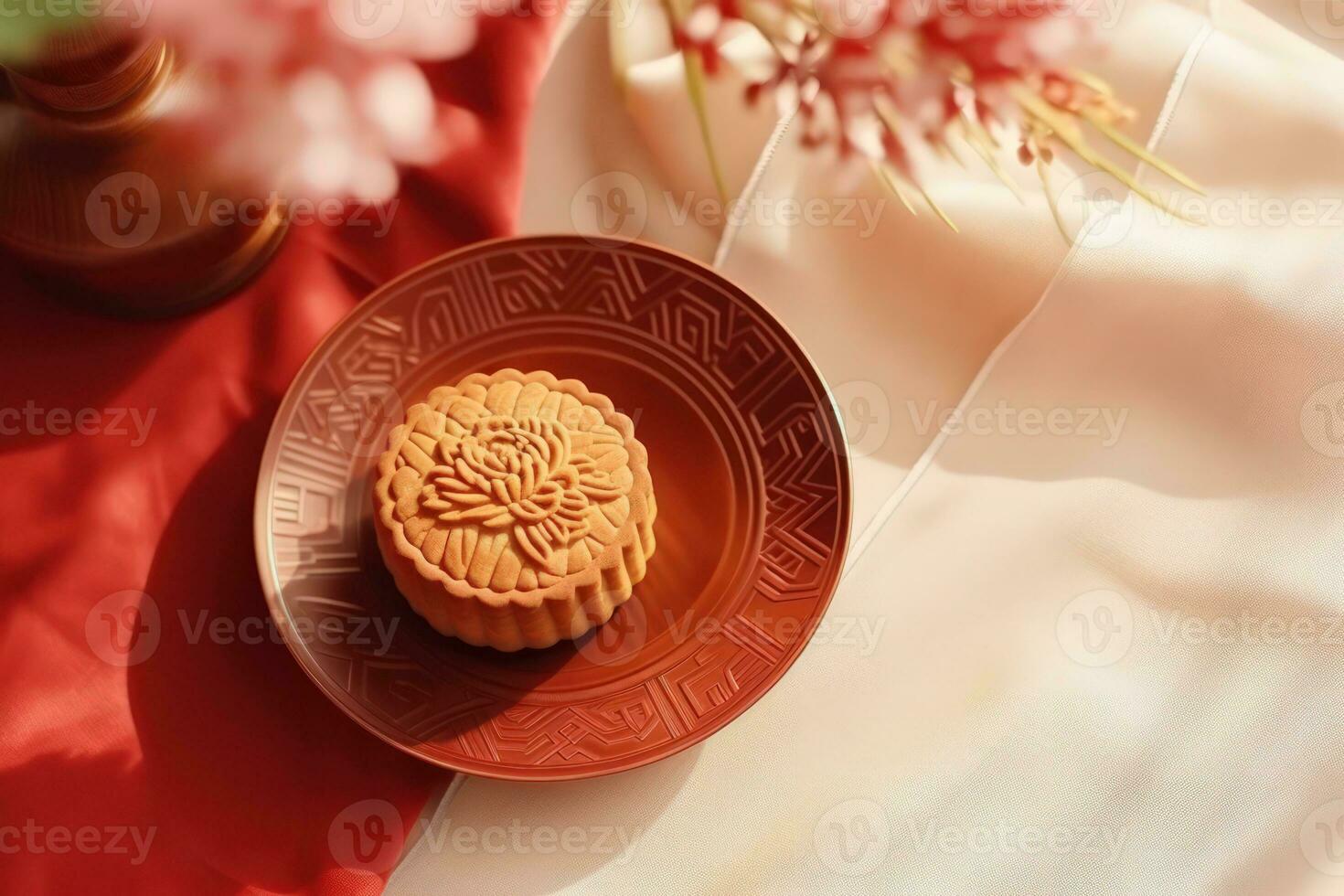 Moon cake Mooncake table setting - Round shaped Chinese traditional pastry with tea cups on wooden background, Mid-Autumn Festival concept, close up. Generative ai photo