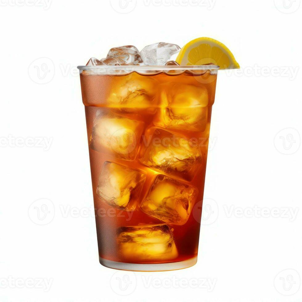 Iced Lemon Tea with lemon slice in glass. White Background isolated. Generative ai photo