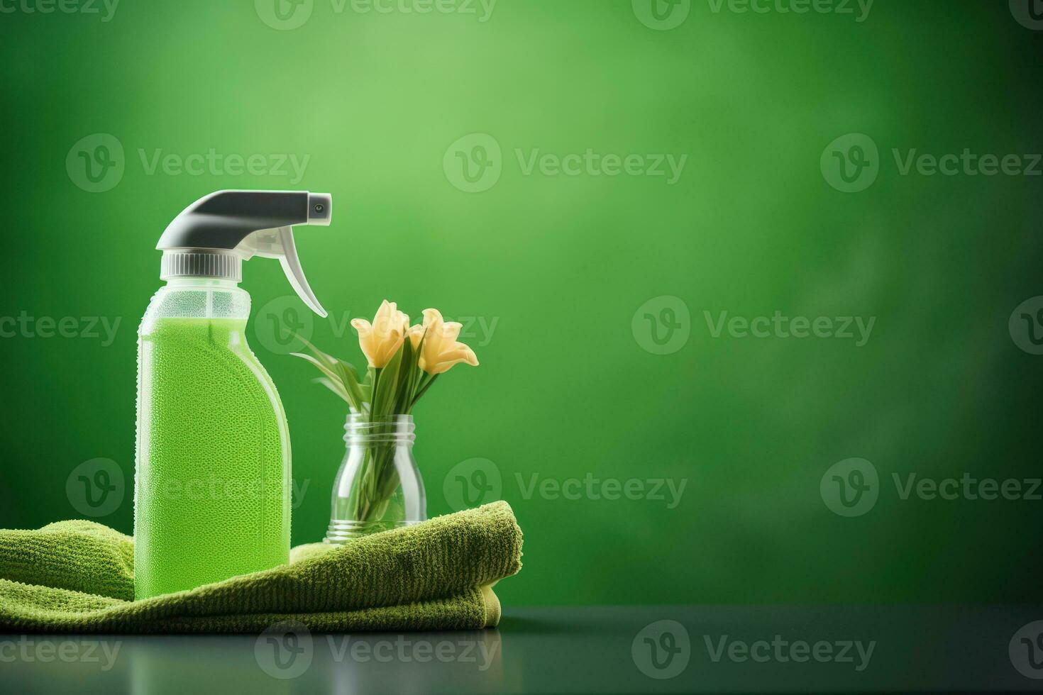 Green cosmetic product bottle with dispenser pump for skin, body or hair care with green leaves at green nature background, front view. Natural cosmetic concept, copy space. Generative ai photo