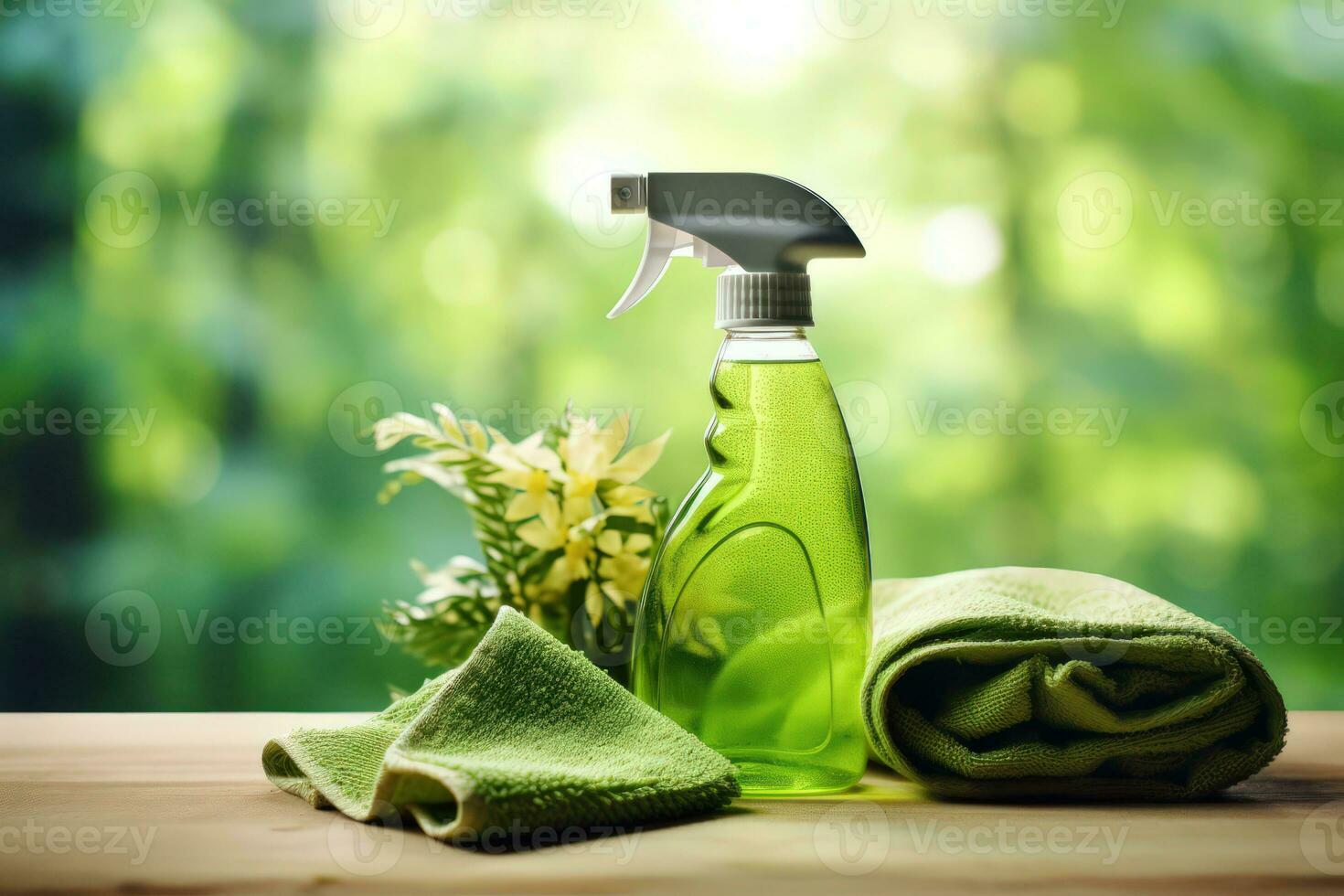 Green cosmetic product bottle with dispenser pump for skin, body or hair care with green leaves at green nature background, front view. Natural cosmetic concept, copy space. Generative ai photo