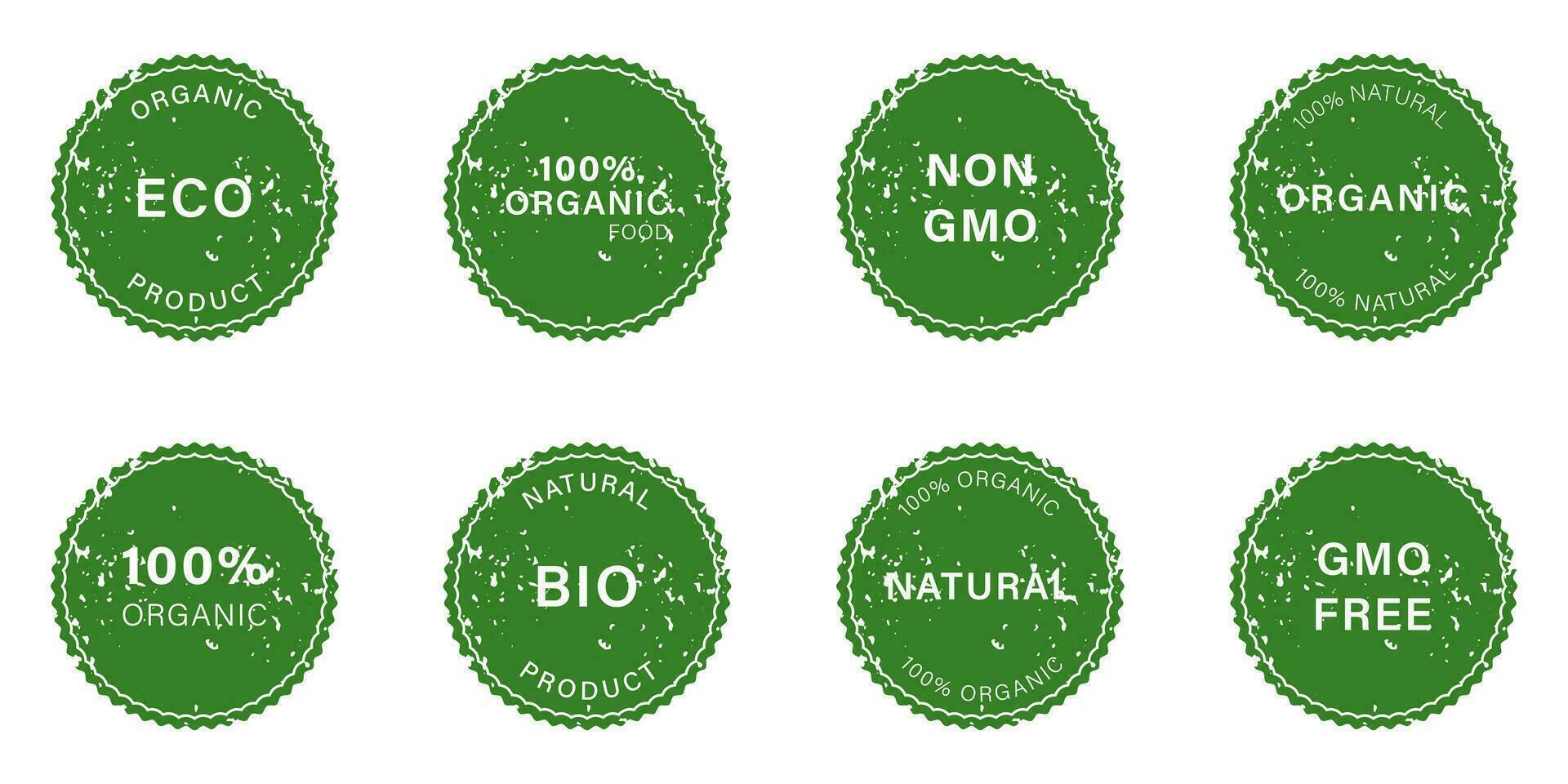 natural producto caucho sello colocar. gmo gratis grunge etiqueta. no gmo insignia. orgánico vegano eco comida iconos bio sano cosmético sucio pegatina recopilación. aislado vector ilustración.