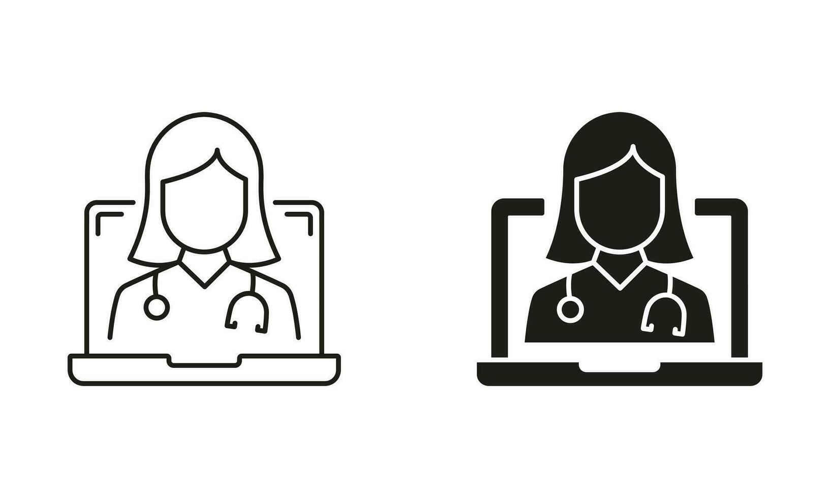 Online Digital Medicine Line and Silhouette Icon Set. Online Remote Healthcare Pictogram. Virtual Medical Service, Telemedicine Symbol Collection. Doctor in Computer. Isolated Vector Illustration.