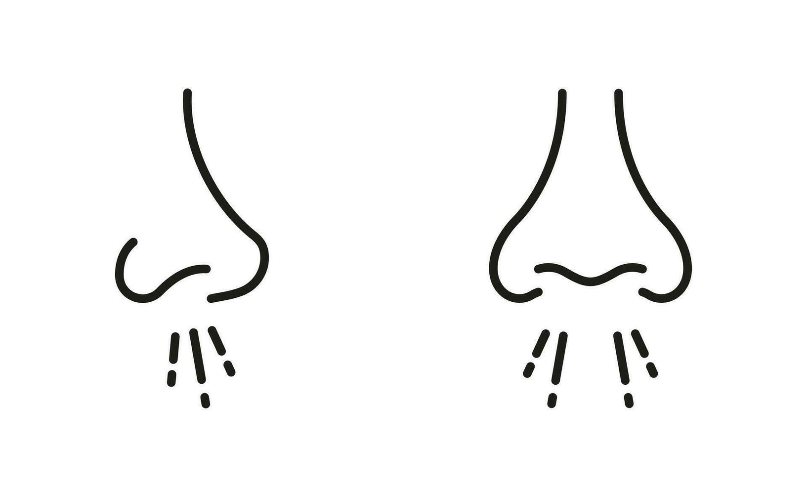 alérgico respiratorio enfermedad. líquido nariz soplo línea íconos colocar. alergia nariz infección contorno símbolo recopilación. nasal rinitis síntoma pictograma. frío gripe virus signo. aislado vector ilustración.