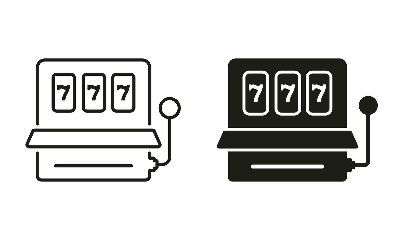 Slot Machine Line and Silhouette Black Icon Set. Casino Lucky Jackpot 777 Las Vegas Pictogram. Gambling, Lottery, Money Game. Fruit Slot Machine, Gamble Sign. Isolated Vector Illustration.