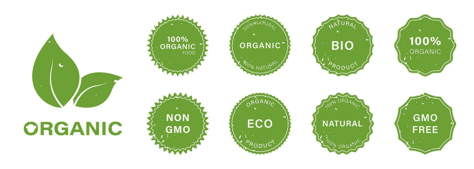 Natural Product Rubber Stamp Set. Gmo Free Grunge Label. Non Gmo Badge. Organic Vegan Eco Food Icons. Bio Healthy Cosmetic Dirty Sticker Collection. Isolated Vector Illustration.