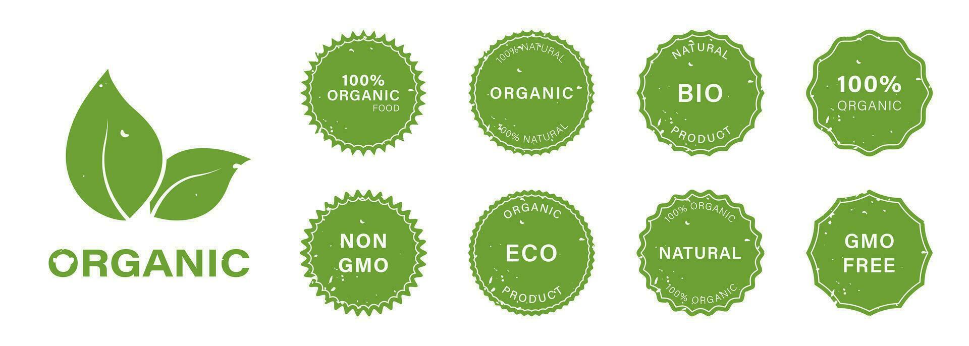 natural producto caucho sello colocar. gmo gratis grunge etiqueta. no gmo insignia. orgánico vegano eco comida iconos bio sano cosmético sucio pegatina recopilación. aislado vector ilustración.