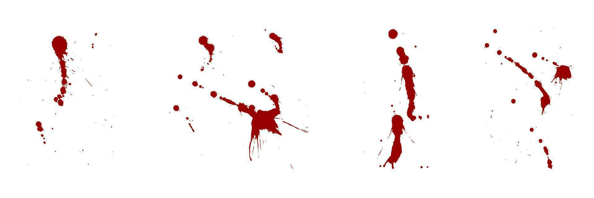 Paint Brush Splatter Set. Blood Stain Collection. Red Ink Splat, Grunge Texture. Drop Spatter, Horror Bloodstain Splash. Spray Abstract Design on White Background. Isolated Vector Illustration.