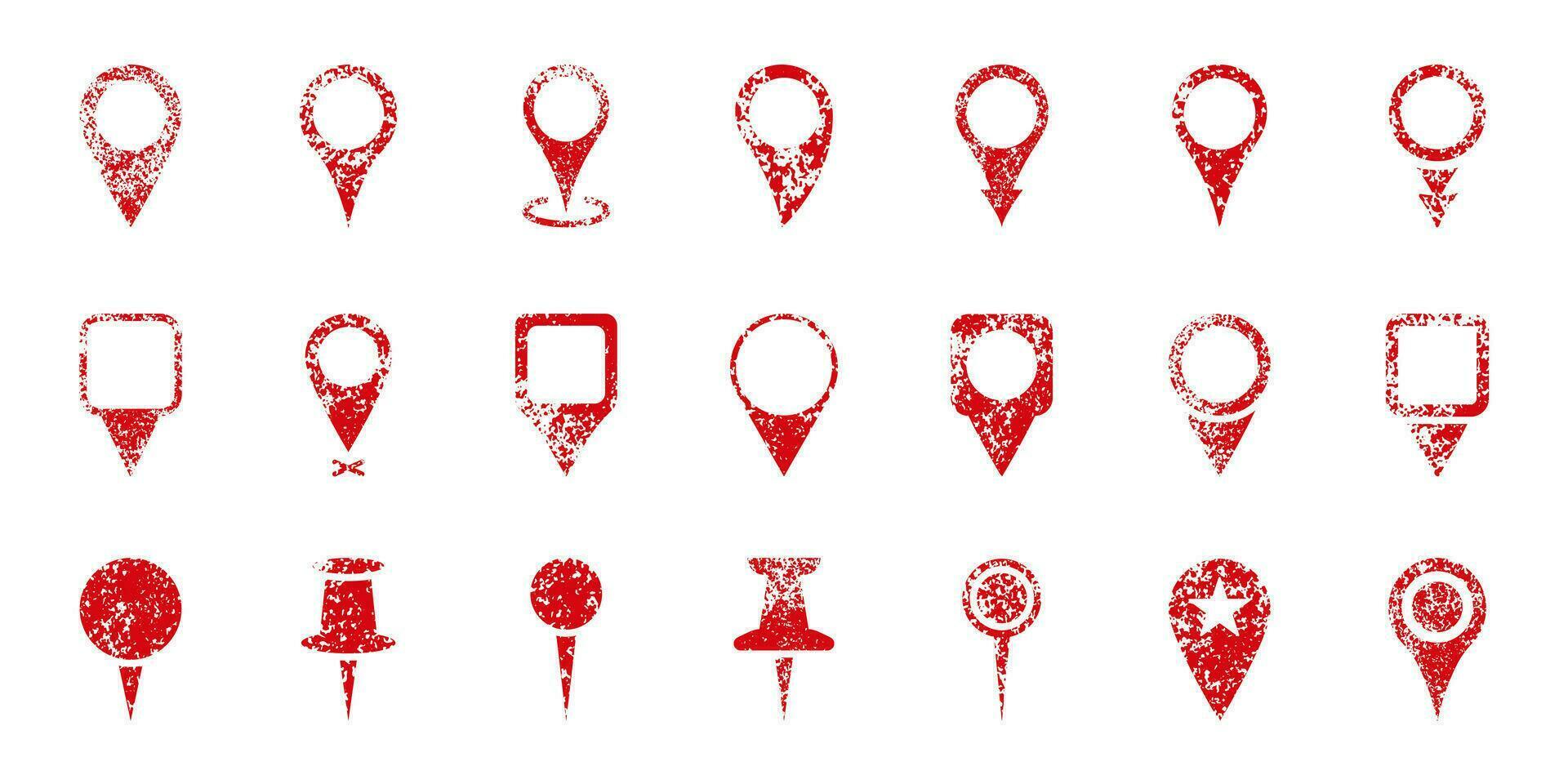 Map Pointer Grunge Icon Set. Red Location Pin Grimy Collection. Dirty Map Marker On White Background. GPS Navigation Sign. Position Mark, Destination Tag. Isolated Vector Illustration.