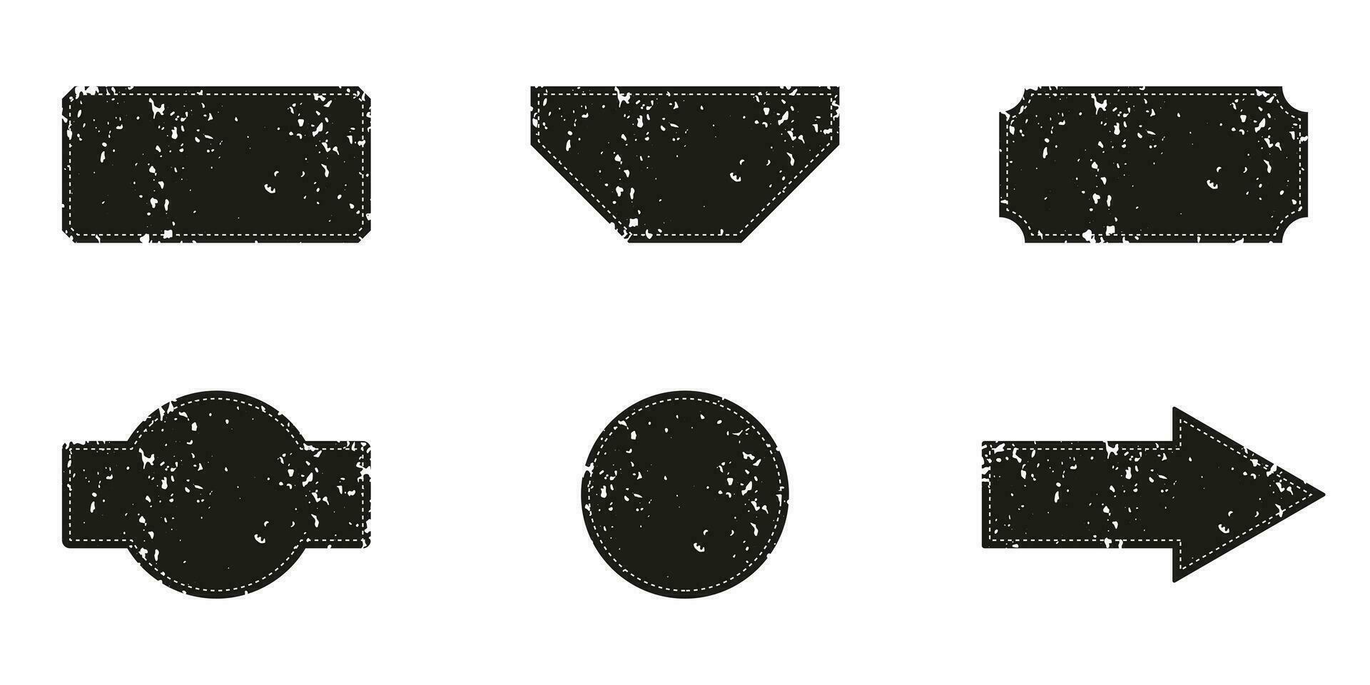 Black Rubber Stamp Set. Grunge Label In Different Shapes. Retro Sale Tag, Aged Vintage Banner. Retro Badge Symbol Collection, Ink Texture. Isolated Vector Illustration.