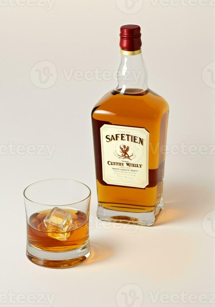 AI generated A Bottle And Glass Of Scotch Whiskey Isolated On A White Background. AI Generated photo