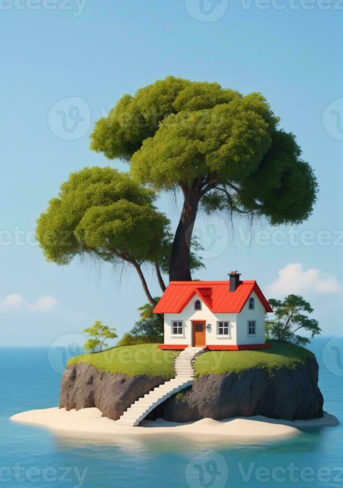 Cottage On An Island Isolated On A White Background. AI Generated photo