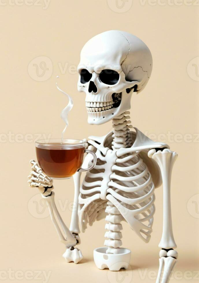 AI generated A Skeleton Holding A Cup Of Tea Isolated On A White Background. AI Generated photo