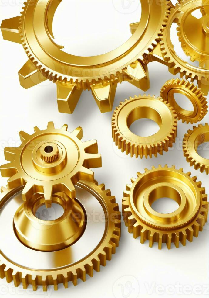 AI generated Metallic Gears In Gold Grease Isolated On A White Background. AI Generated photo