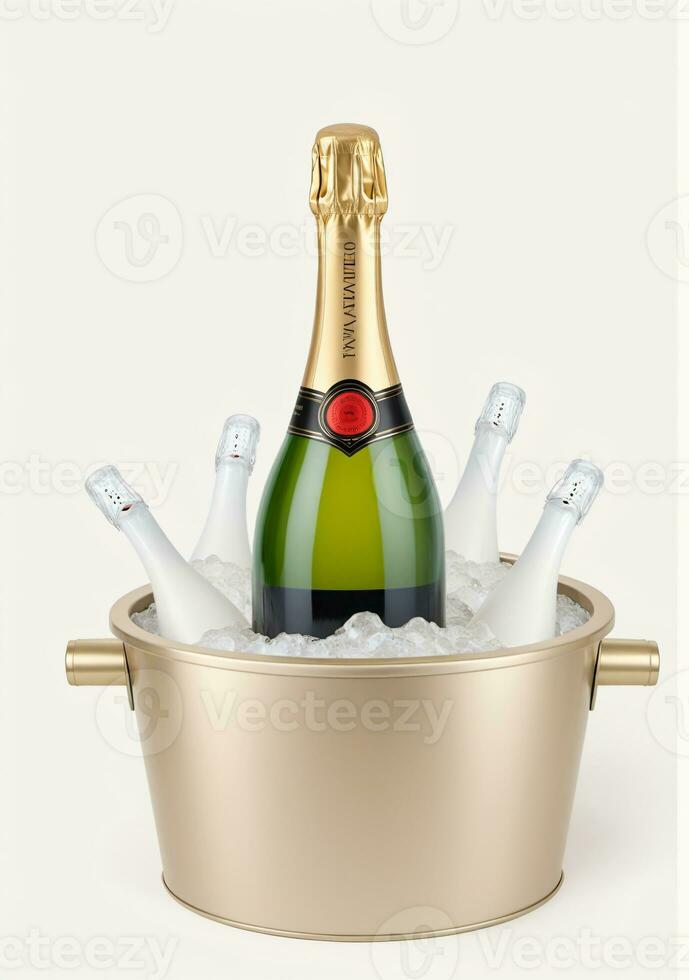 AI generated A Bottle Of Champagne In A Cooler Bucket Isolated On A White Background. AI Generated photo