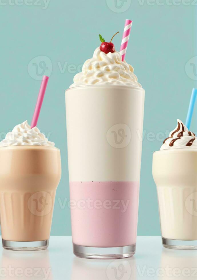 AI generated Various Milkshakes Isolated On A White Background. AI Generated photo