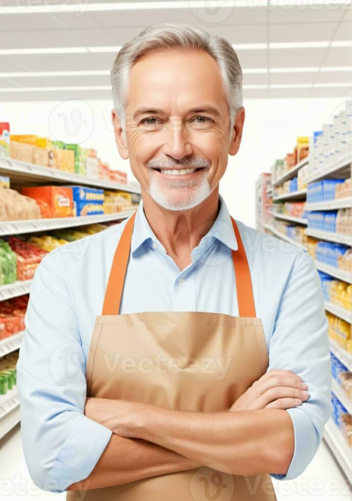 AI generated MiddleAged Grocery Store Owner Isolated On A White Background. AI Generated photo