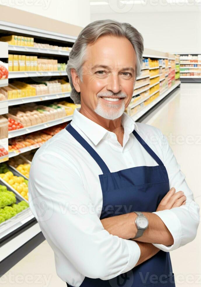 ai generado de edad mediana tienda de comestibles Tienda propietario aislado en un blanco antecedentes. ai generado foto