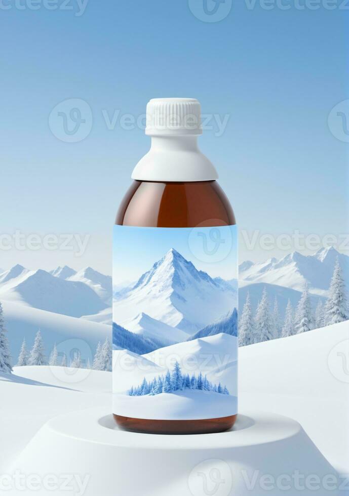 AI generated A Bottle With A Winter Mountain Backdrop Isolated On A White Background. AI Generated photo