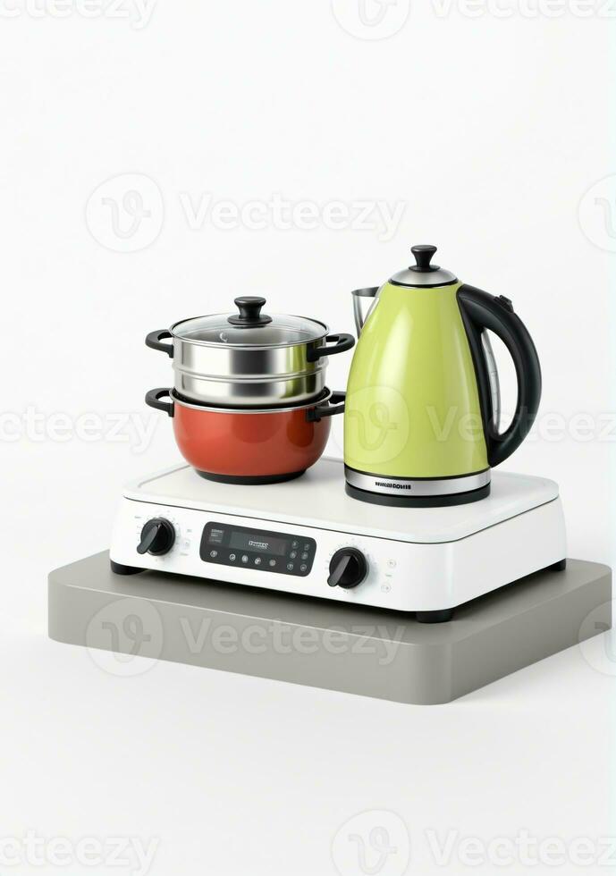 AI generated Kitchen Appliances And Utensils On A Podium Isolated On A White Background. AI Generated photo