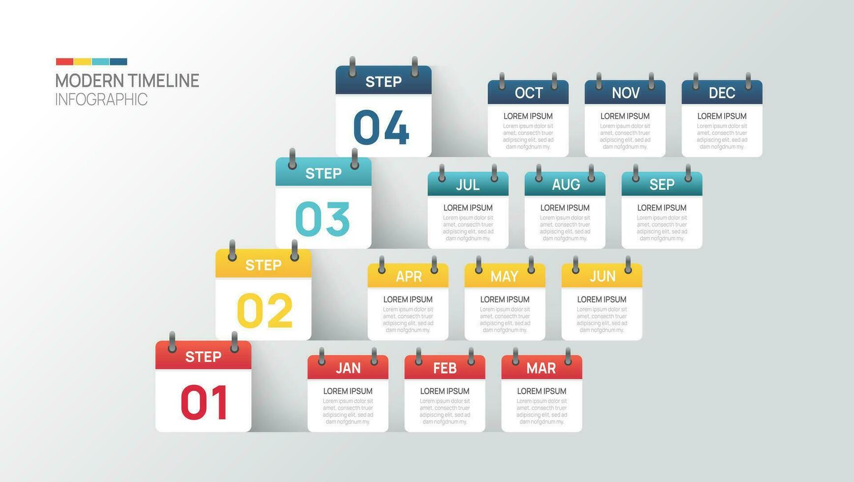 negocio paso cronograma infografía calendario modelo. moderno hito elemento cronograma diagrama calendario y 4 4 trimestre temas, vector infografía.