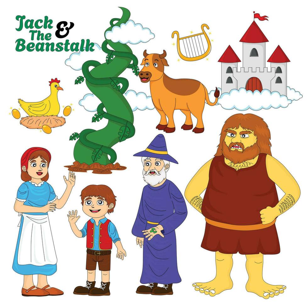 collection of popular children's story book characters jack and the beanstalk, editable, vector, eps 10, characters Jack, mother, old grandfather, giant, cow, chicken and golden harp and giant peas vector