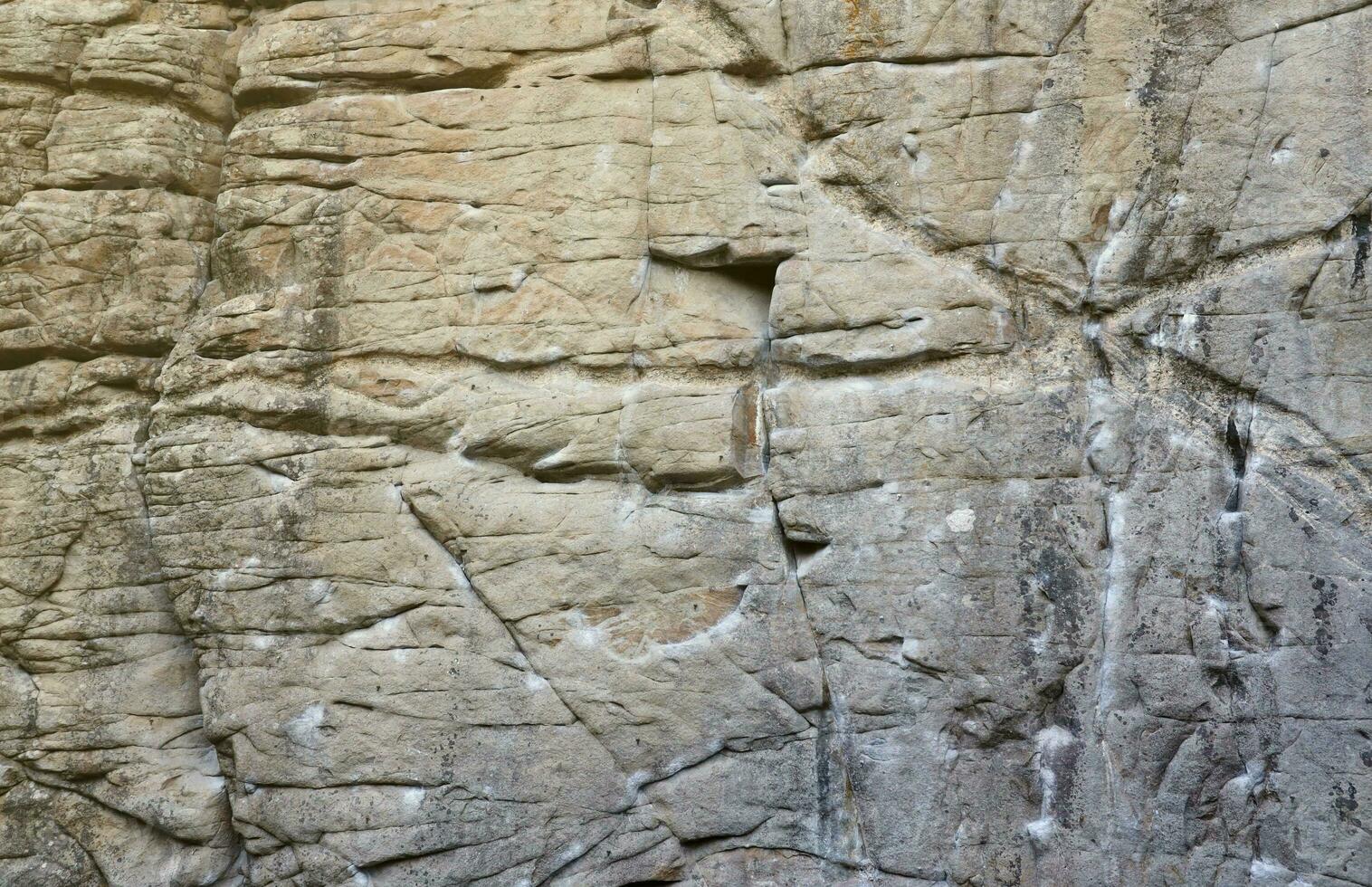 Light coarse natural rock stone background. Mining cliff rough front surface. Big limestone stack backdrop. Heavy grunge damaged granite block texture photo