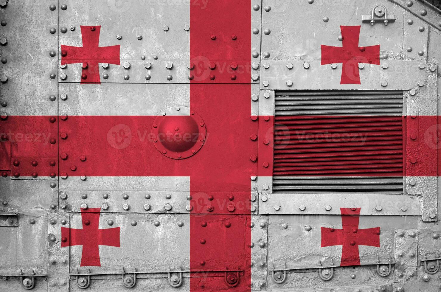 Georgia flag depicted on side part of military armored tank closeup. Army forces conceptual background photo