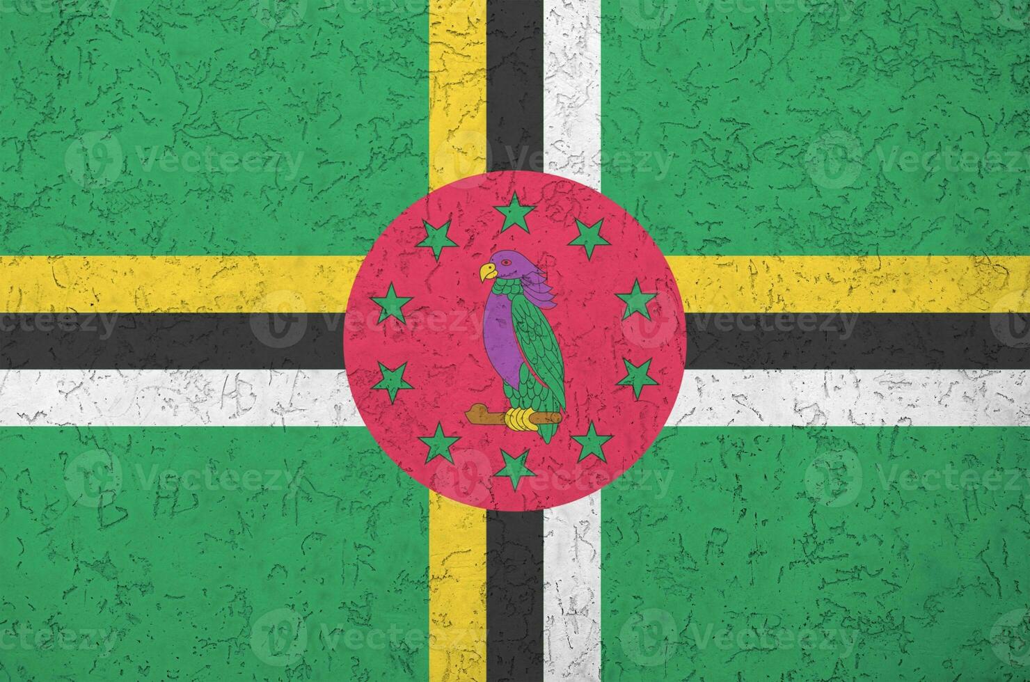 Dominica flag depicted in bright paint colors on old relief plastering wall. Textured banner on rough background photo