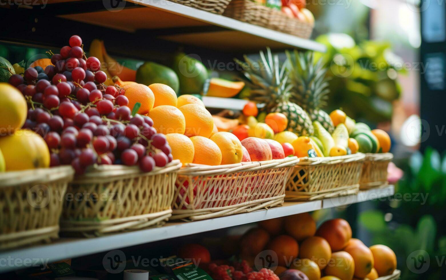 manzanas, limones, naranjas, granadas, piñas, duraznos y fresa. varios frutas en un calle mercado. generativo ai foto